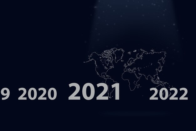 Mostrando o mundo virtual do holograma 2021 em fundo azul escuro. Conceito para o ano novo 2021.