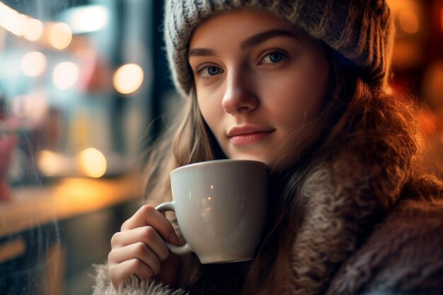 Mostrando un primer plano de la cara de una mujer mientras beba una taza de café artesanal en un acogedor café