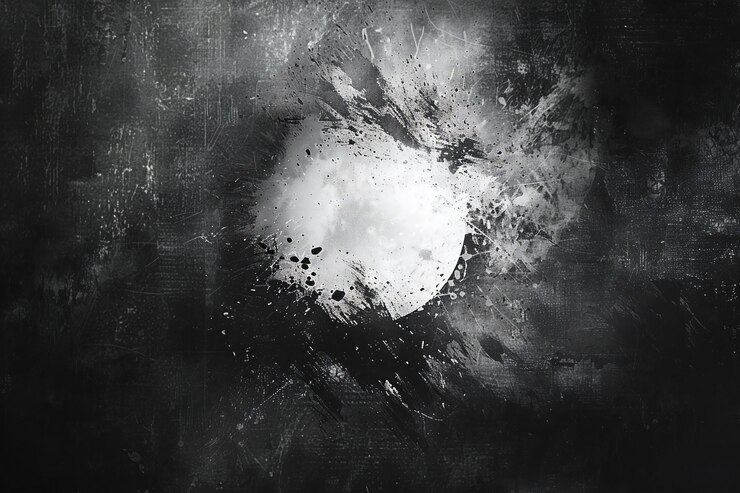 Mostrando la textura de fondo grunge oscuro con colores gris oscuro y blanco una gran mancha redonda de pintura