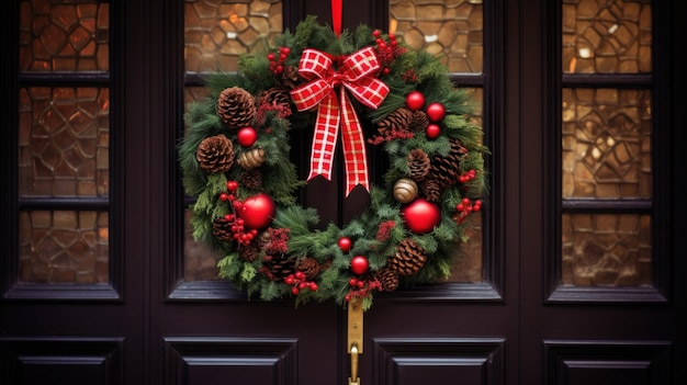 Mostrando uma bela coroa de natal pendurada em uma porta da frente