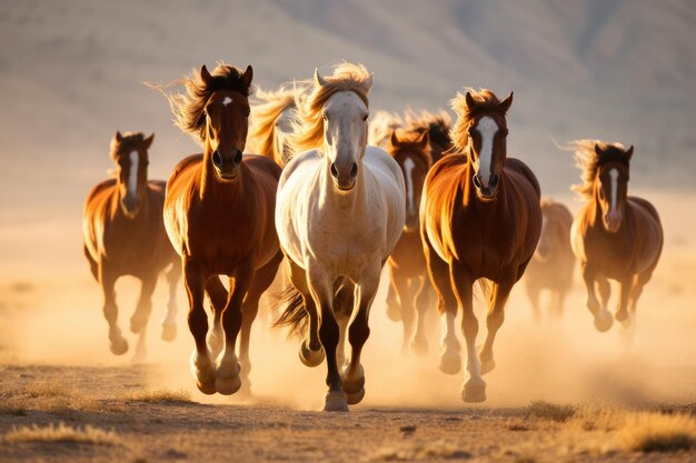 Mostrar a energia e a velocidade dos cavalos selvagens galopando por uma planície aberta