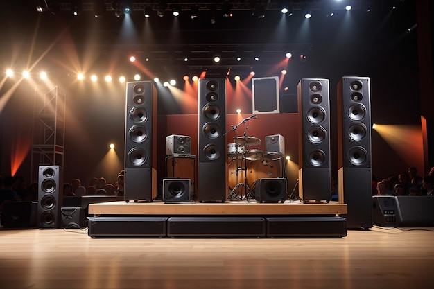 Mostrar un conjunto de sistemas de sonido de primera calidad en el tablero de madera