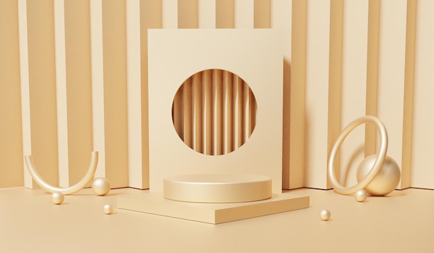 Mostrar escena de lujo en blanco podio color dorado fondo 3D con pedestal de formas geométricas en una plataforma de dos pisos para la presentación del producto descuento cosmético copia espacio escaparate representación