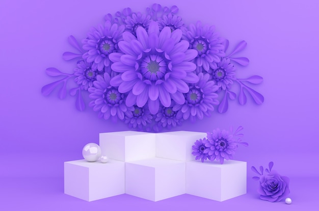 Foto mostrar fondo para la presentación de productos cosméticos. escaparate vacío, render 3d, papel de flores.