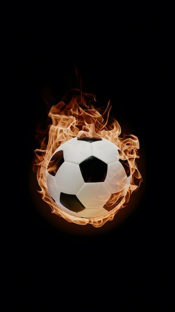 Foto mostrar uma bola de futebol envolvida em chamas isolada em fundo preto vertical mobile wallpaper