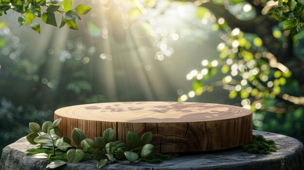 Mostre seus produtos de madeira em um pódio minimalista contra um fundo de folhas da natureza borradas