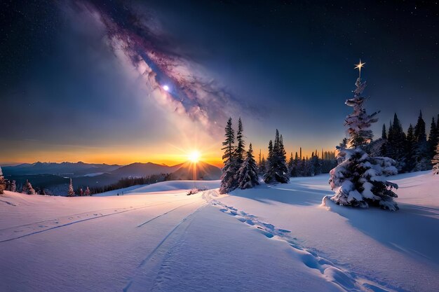 Mostre uma calma reduzida enquanto o trenó do Papai Noel atravessa um céu estrelado de neve beijado Recurso criativo AI Gerado