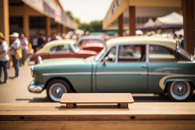 Foto mostre uma tábua de madeira vazia na frente de um show de carros vintage desfocado