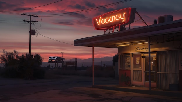 Foto un motel retro con un letrero de vacantes en el desierto al atardecer