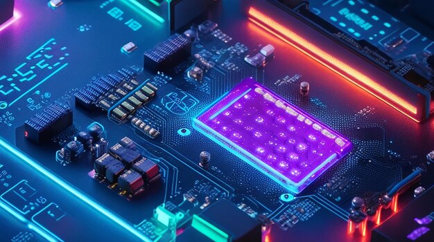 Motherboard-Close-Up-Technologie Integrierter Mikrochip-Schaltplatt-Computerprozessor mit Neonlicht