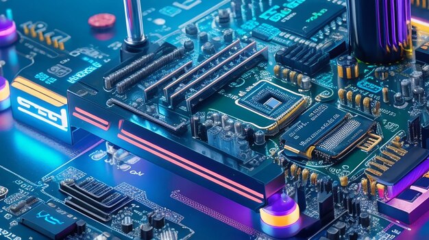 Motherboard-Close-Up-Technologie Integrierter Mikrochip-Schaltplatt-Computerprozessor mit Neonlicht