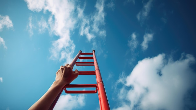 Motivation Karrierewachstum Konzept Die Hand des Mannes greift nach der roten Leiter, die zu einem blauen Himmel führt