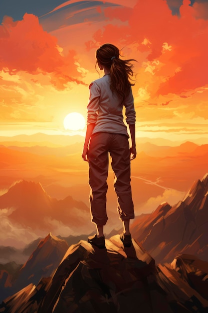 Motivierendes Plakatmädchen, das allein auf den Felsen steht und den Sonnenuntergang auf dem Berg beobachtet. Vektorillustration