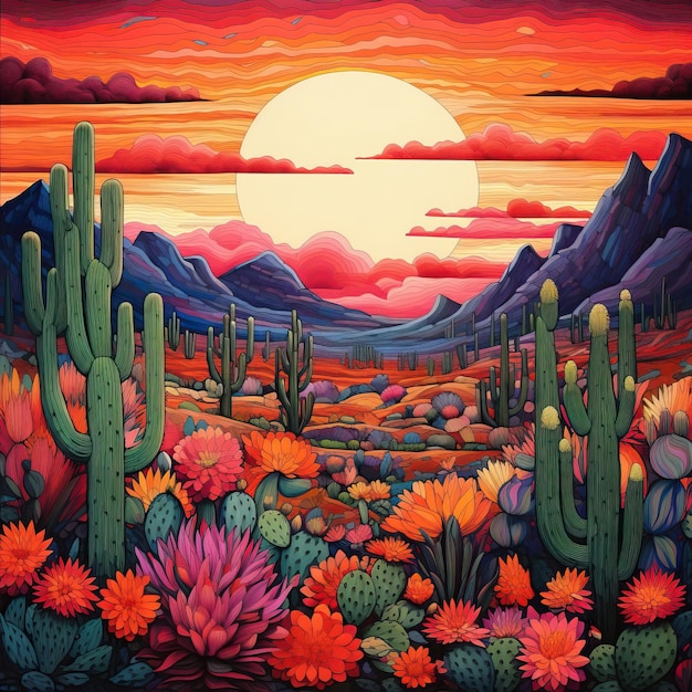 Motivo de bordado mexicano que representa un sereno paisaje desértico con cactus y montañas