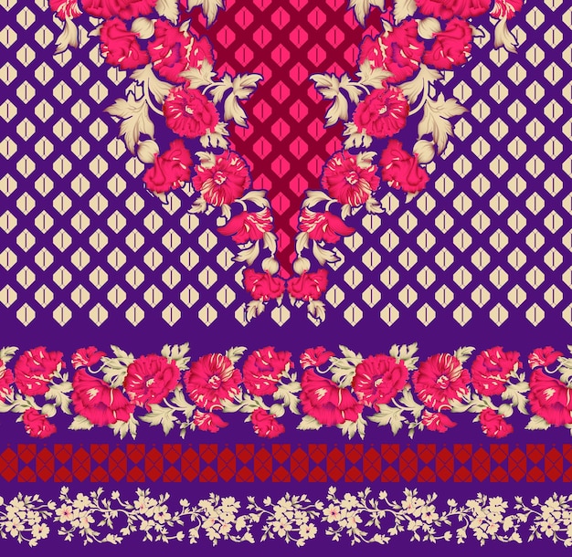Motivo creado digitalmente de patrones florales y formas geométricas en un fondo azul oscuro Nuevos elementos de arte tribal dibujados a mano composición de diseño de frontera