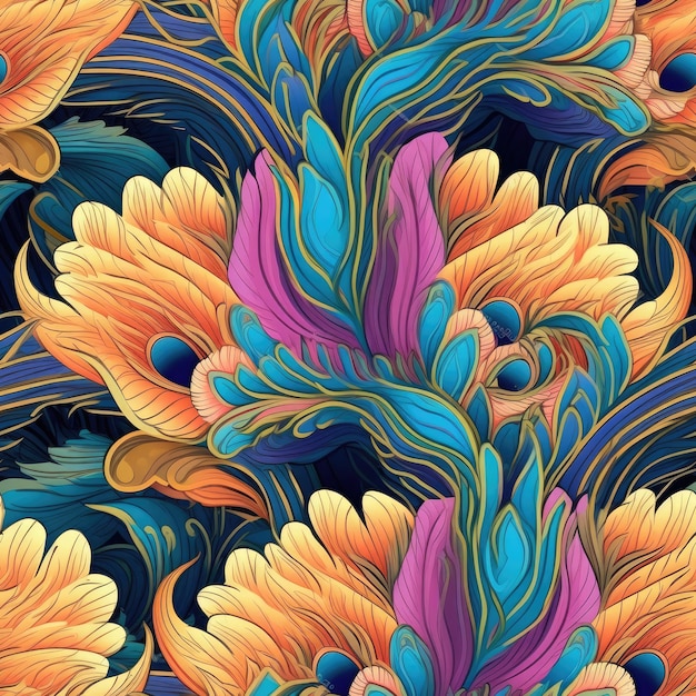 Motivo de pluma de pavo real de loto patrón sin costuras generado por la IA