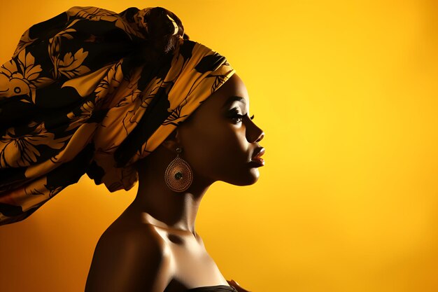 Motivos africanos Bela mulher afro-americana em trajes étnicos em um fundo amarelo rosto Retratos Mês de história negra