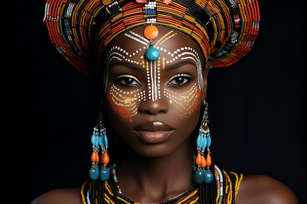 Motivos africanos hermosa mujer afroamericana en vestimenta étnica dibujando en la cara retratos mes de la historia negra