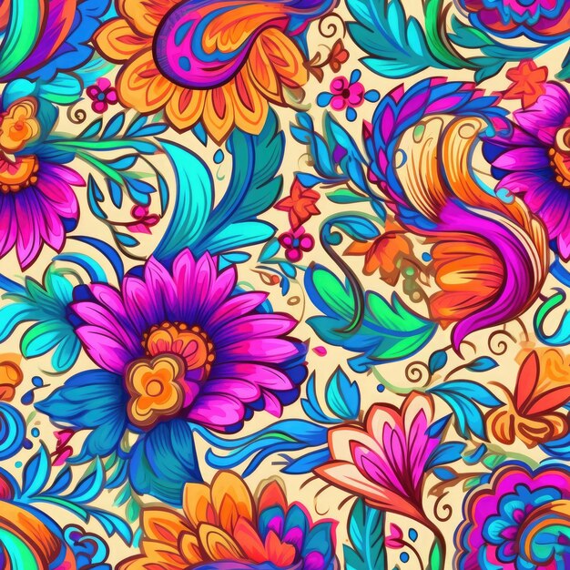 Motivos florais inspirados em henna arrojados e coloridos padrão sem costura AI Generated xA