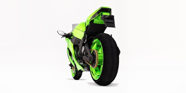 Moto 3D super esportes verde em fundo branco isolado. Ilustração 3D.