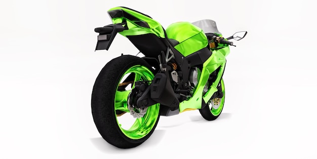 Moto 3D super esportes verde em fundo branco isolado. Ilustração 3D.