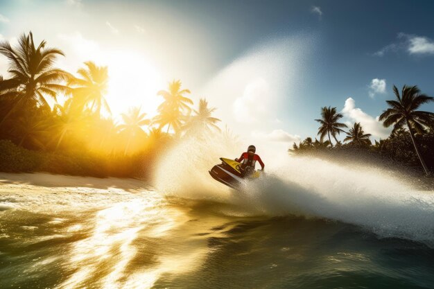 Moto de agua rápida cortando olas en un día soleado rodeado de paisajes paradisíacos IA generativa