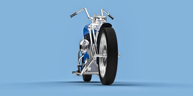 Moto azul clássica personalizada isolada em fundo azul claro. Rendring 3D.