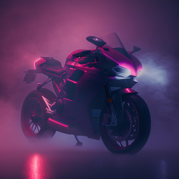 Moto en una ciudad nocturna futurista con luz de neón y renderizado 3D de niebla