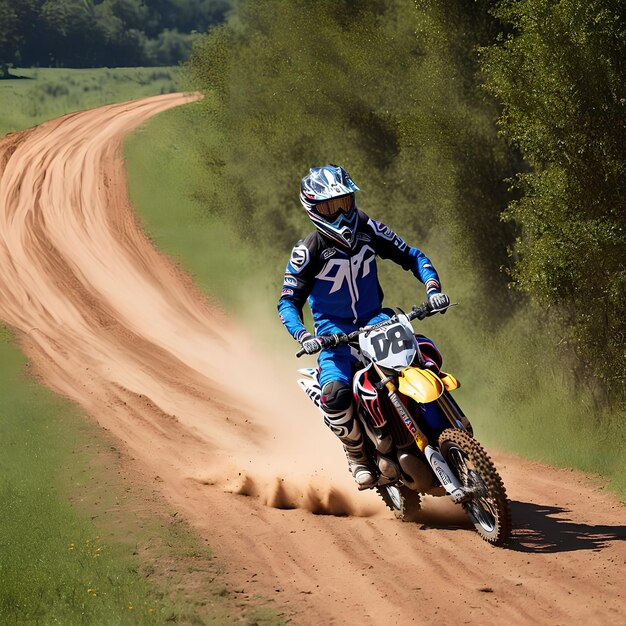 Foto moto de corrida de rali em arte generativa de estrada de terra por ia