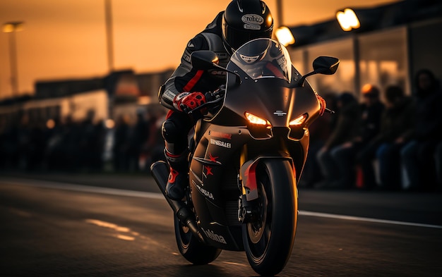 Moto de corrida rápida dirigindo fundo de pista de corrida com espaço de  cópia