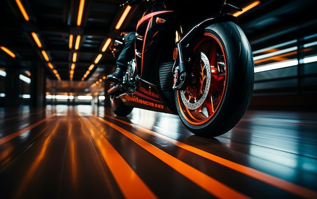 Moto de corrida rápida dirigindo fundo de pista de corrida com espaço de cópia