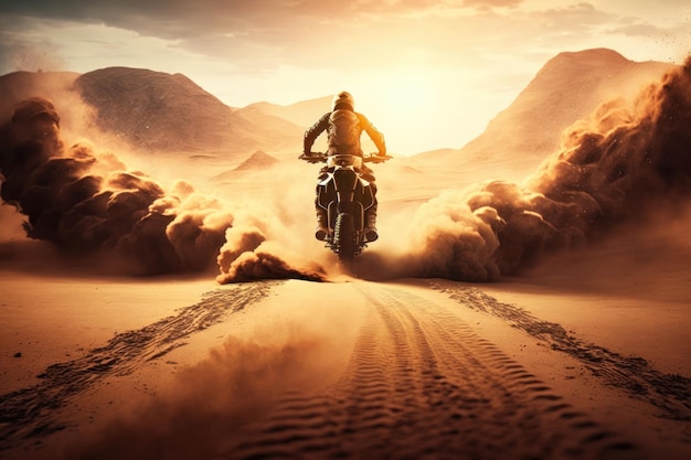 Moto de paisagem de areia ou homem em moto cross no espaço do deserto para treino esportivo passeio ao pôr do sol ou exercício na colina ai generation