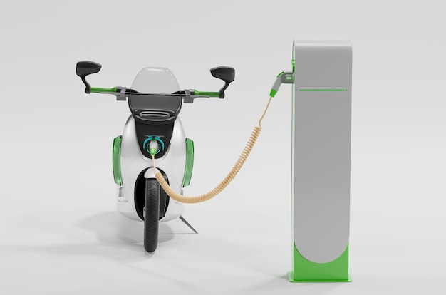 Una moto eléctrica con estación de carga 3d render