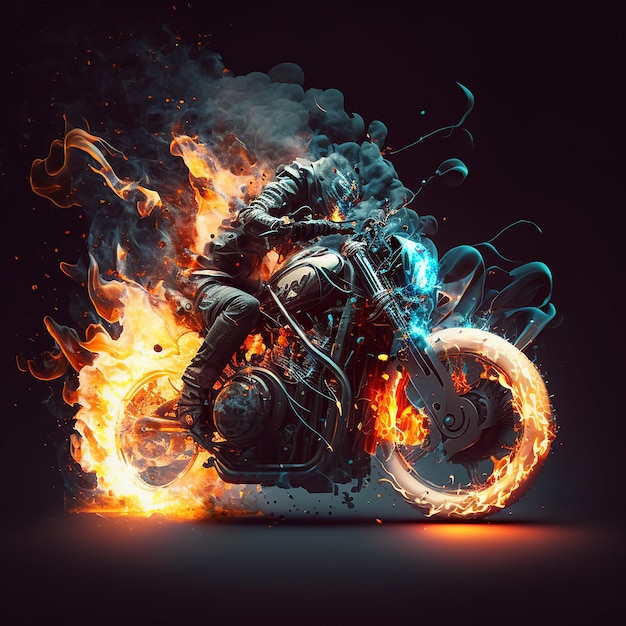 Moto em fogo motocicleta 3D em fundo preto