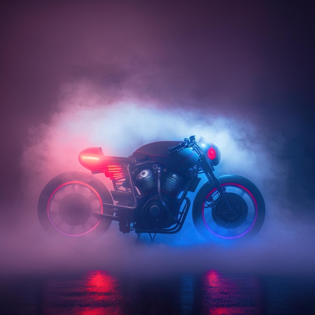 Moto em uma cidade noturna futurista com renderização 3D de luz neon e neblina