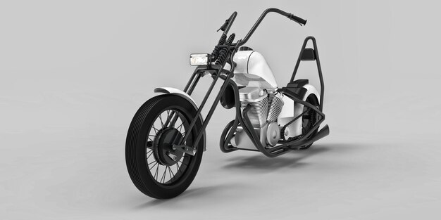 Moto personalizada clásica blanca y negra aislada sobre fondo gris claro. Representación 3D.