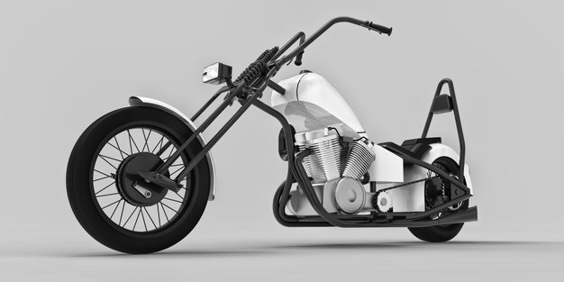 Moto personalizada clásica blanca y negra aislada sobre fondo gris claro. Representación 3D.