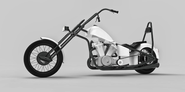 Moto personalizada clásica blanca y negra aislada sobre fondo gris claro. Representación 3D.