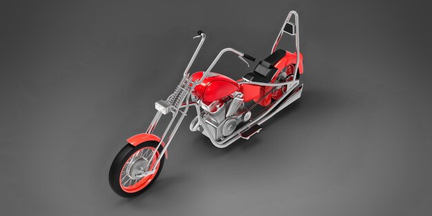 Moto personalizada clásica roja aislada sobre fondo gris. Representación 3D.