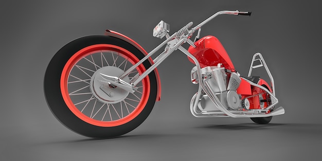 Moto personalizada clásica roja aislada sobre fondo gris. Representación 3D.