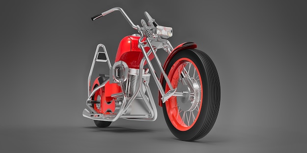 Moto personalizada clásica roja aislada sobre fondo gris. Representación 3D.