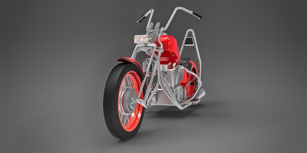 Moto personalizada clásica roja aislada sobre fondo gris. Representación 3D.