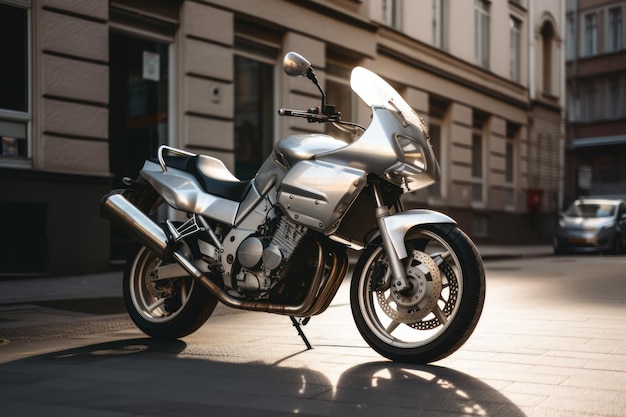 Moto plateada en la calle de la ciudad creada con tecnología generativa de inteligencia artificial