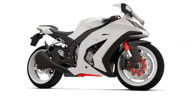 Moto super desportiva branca 3D em fundo branco isolado. Ilustração 3D.