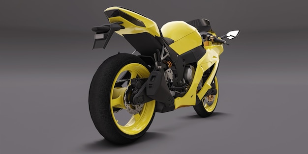 Moto superdeportiva amarilla 3d sobre fondo gris. Ilustración 3D.