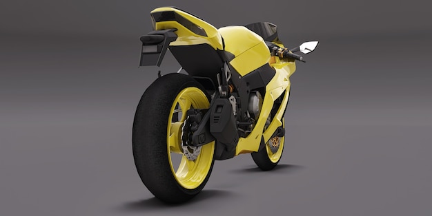 Moto superdeportiva amarilla 3d sobre fondo gris. Ilustración 3D.