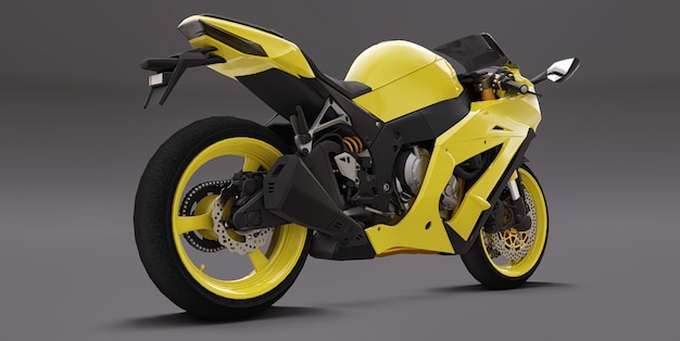 Moto superdeportiva amarilla 3d sobre fondo gris. Ilustración 3D.