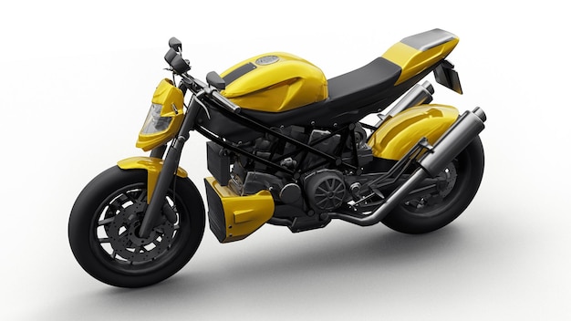 Moto superdeportiva amarilla sobre fondo blanco. Ilustración 3D.