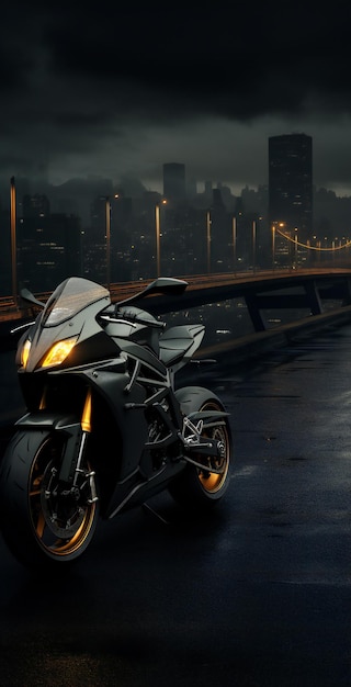 Una moto superdeportiva negra en la ciudad por la noche
