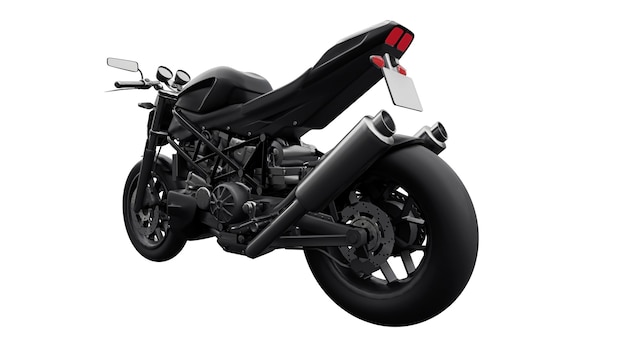 Moto superdeportiva negra sobre fondo blanco. Ilustración 3D.